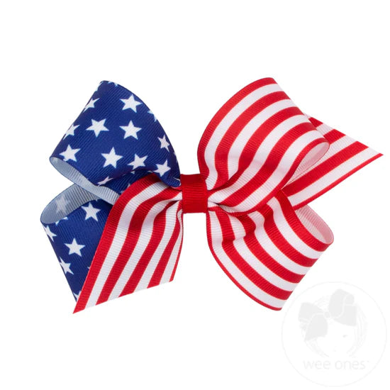 Medium Patriotic Stars and Stripes Print Hair Bow - RYL