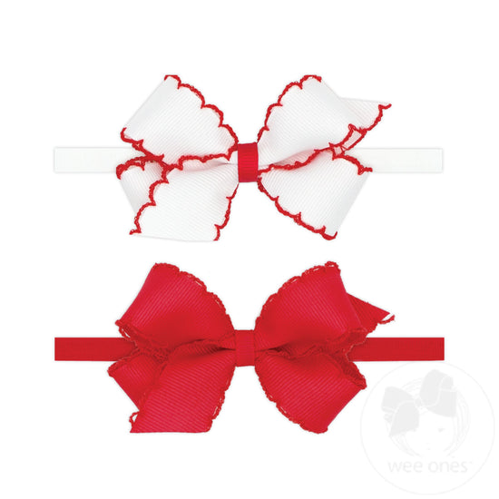 Two Mini Grosgrain Bows with Moonstitch Edge on Skinny Nylon Band