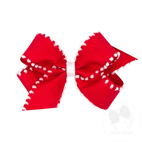 Medium Holiday Style Pom-Pom Edge Grosgrain Overlay Girls Hair Bow - Red with White