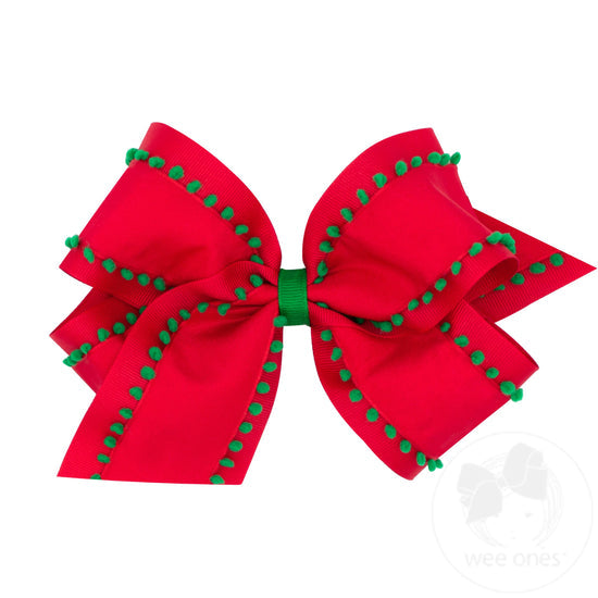 King Holiday Style Pom-Pom Edge Grosgrain Overlay Girls Hair Bow-Red/Green