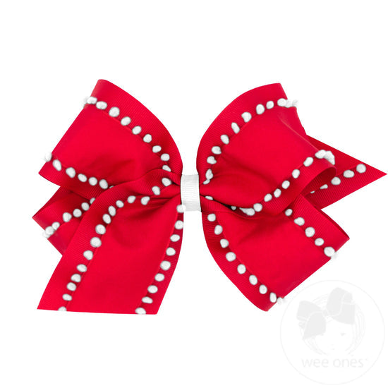 King Holiday Style Pom-Pom Edge Grosgrain Overlay Girls Hair Bow- Red/White