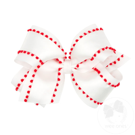 King Holiday Style Pom-Pom Edge Grosgrain Overlay Girls Hair Bow- White/Red