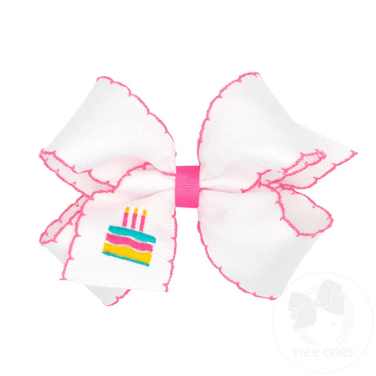 Medium Birthday-themed Grosgrain Hairbow with Moonstitch Edge - Cake