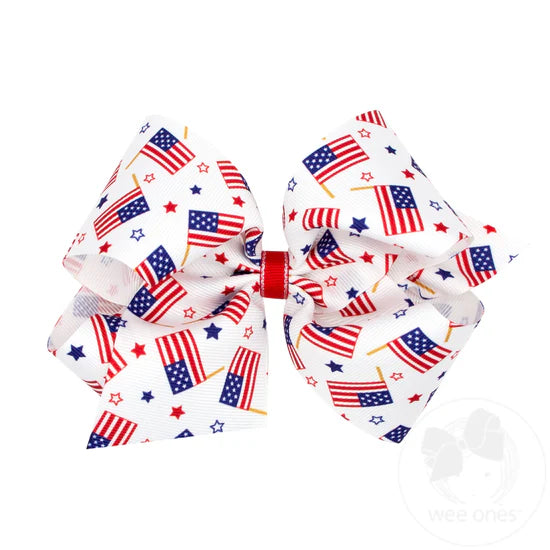 King Grosgrain Hair Bow with Americana Flag Print - FLG