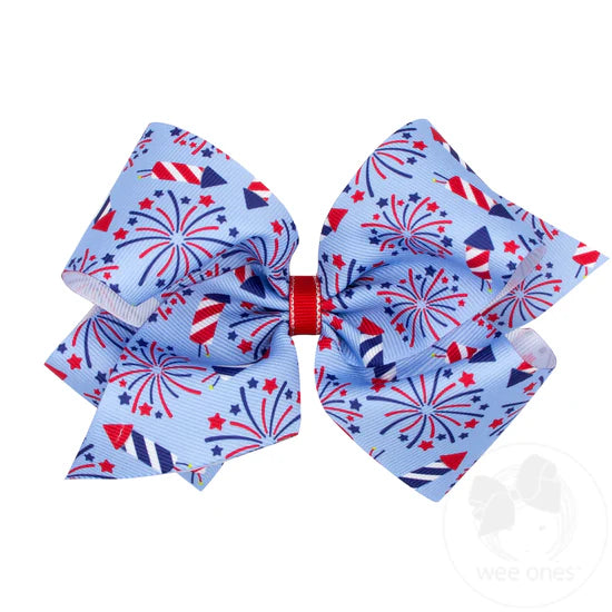 King Grosgrain Hair Bow with Americana Flag Print - MILLENNIUM BLUE - MIB