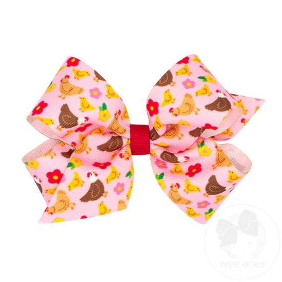 Medium Farm-themed Grograin Chicken Print Hair Bow - CHC