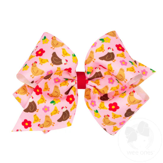 King Farm-themed Grograin Chicken Print Hair Bow - CHC