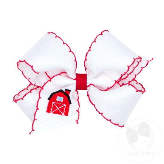 Medium Grosgrain Hair Bow with Moonstitch Edge and Red Barn Embroidery - RED