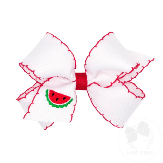 Medium Grosgrain Hair Bow with Moonstitch Edge and Watermelon Embroidery - WTM