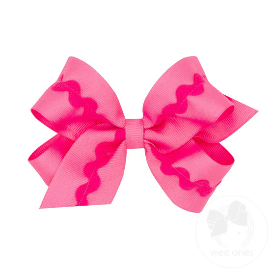 Medium Grosgrain Hair Bow with Ric-Rac Trim - Hot Pink