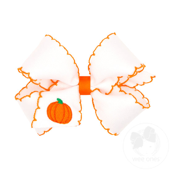 Medium Grosgrain Hair Bow with Moonstitch Edge and Harvest Embroidery - Pumpkin - PMK