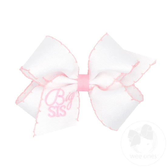 Medium Grosgrain Hair Bow with Light Pink Moonstitch Edge and Big Sis Embroidery
