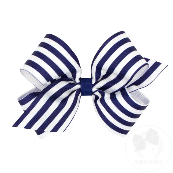 Medium Nautical Stripe Print Grosgrain Hair Bow - LT NVY