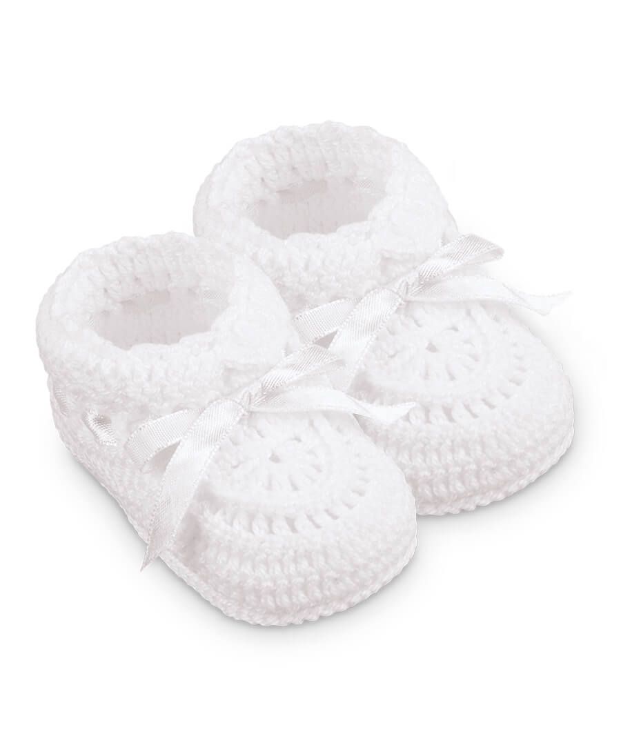 Hand Crochet Ribbon Bootie 1 Pair Newborn - White