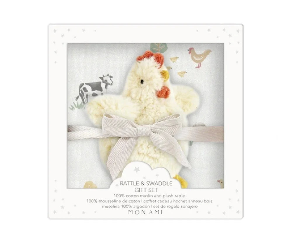 Mon Ami Le Petit Ferme Swaddle & Rattle Gift Set