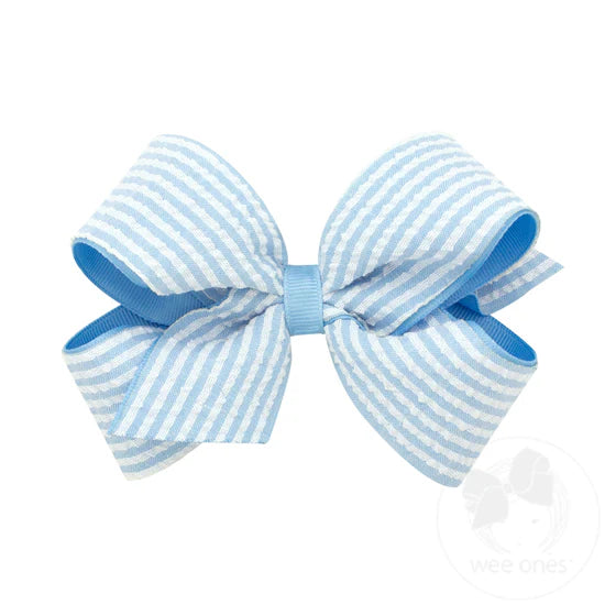 Medium Genuine Seersucker Fabric Grosgrain Overlay Hair Bow - Blue