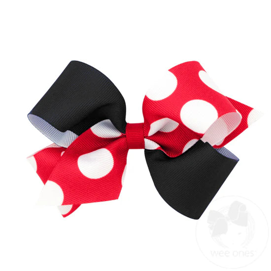Medium Two-Tone Solid and Huge Dot Printed Grosgrain Hair Bow - Red/Black