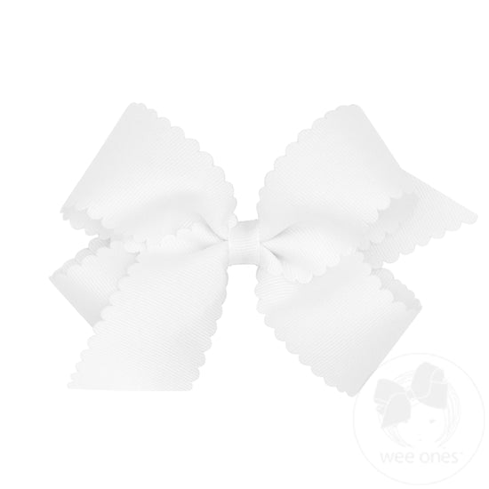 Medium Grosgrain Hair Bow with Scalloped Edge- White