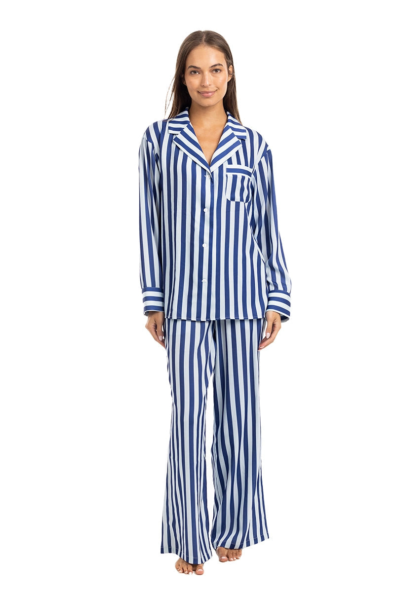 Light Blue & Navy Striped Satan Pj Set