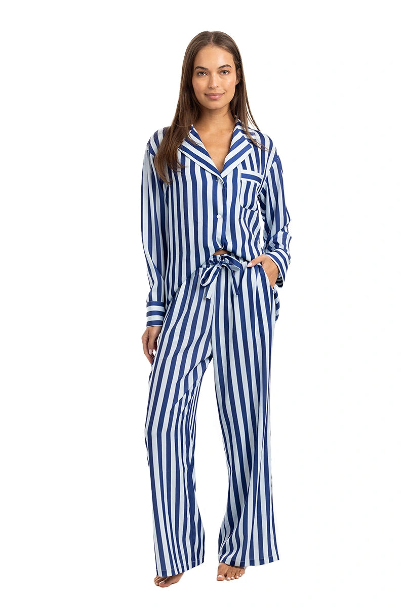 Light Blue & Navy Striped Satan Pj Set