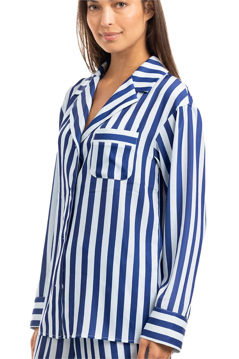 Light Blue & Navy Striped Satan Pj Set