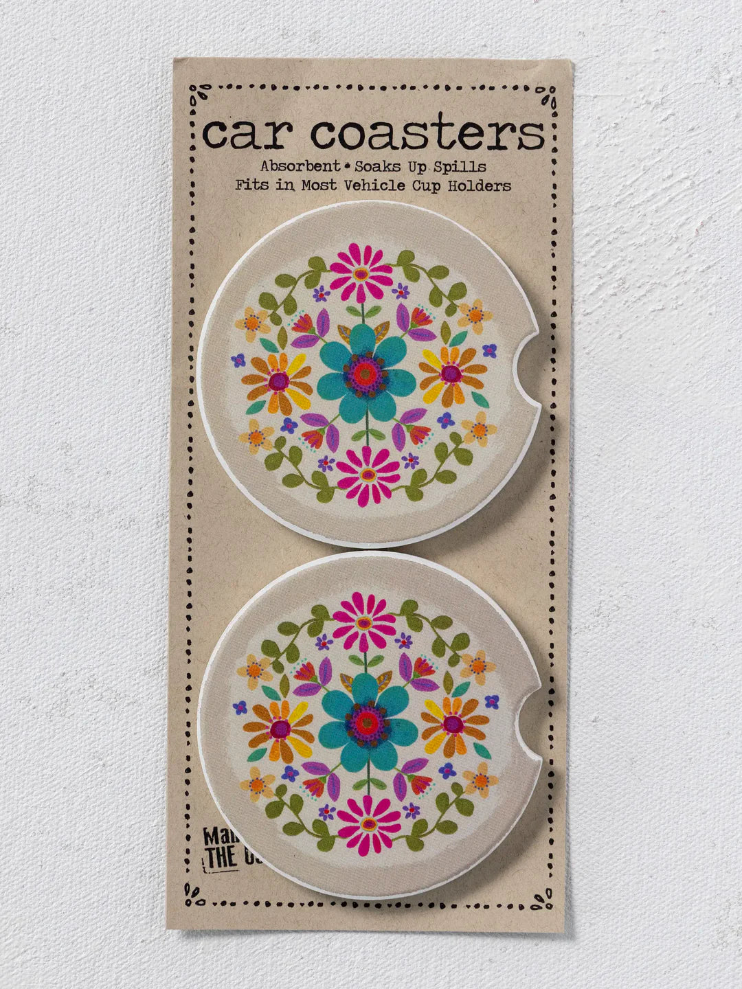 Car Coasters, Set of 2 - Cream Folk Flower