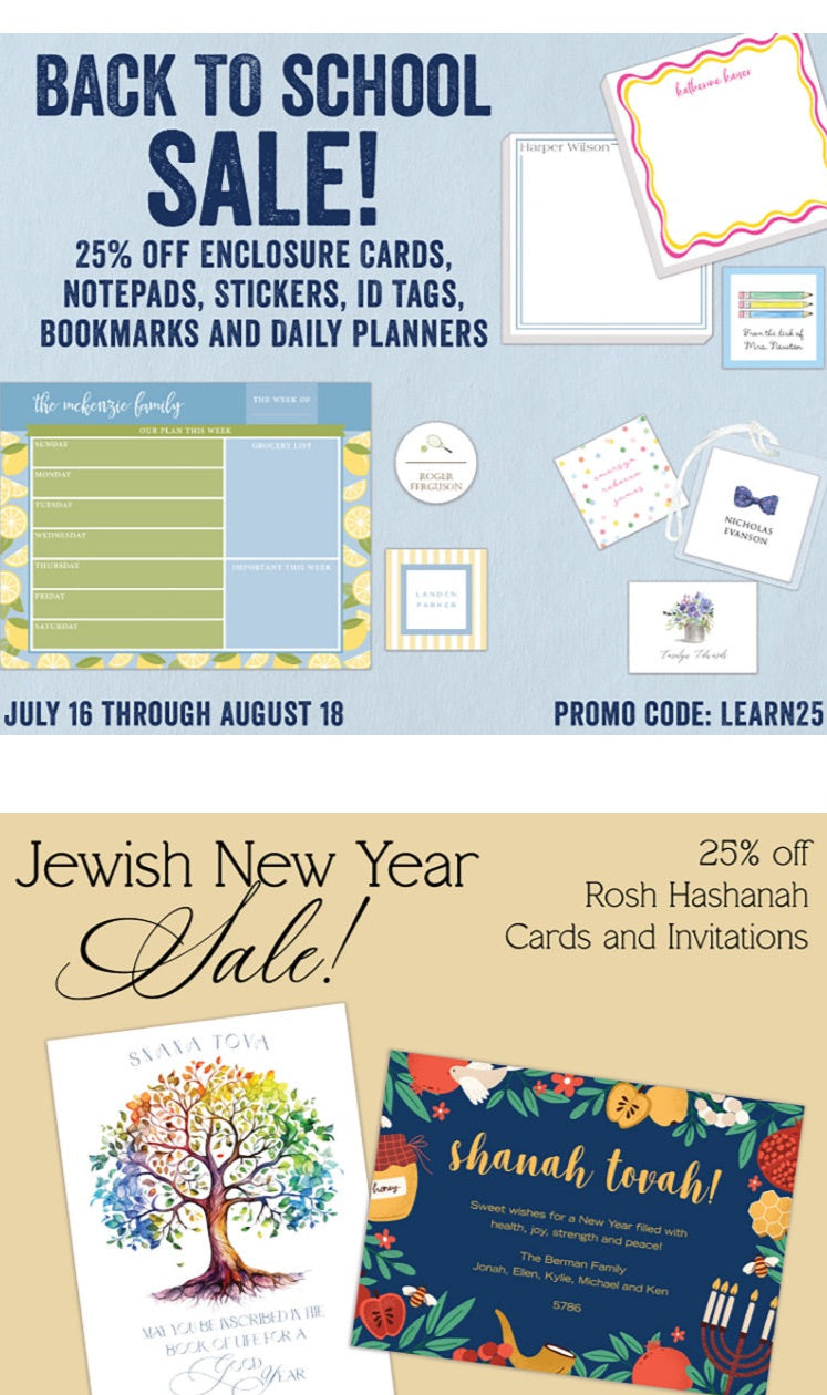 Promotional flyer for back-to-school sale and Jewish New Year cards with colorful designs.