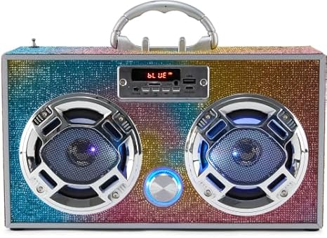 Retro Boombox Speaker with LED Lights - Bluetooth FM Radio Swirl Bling