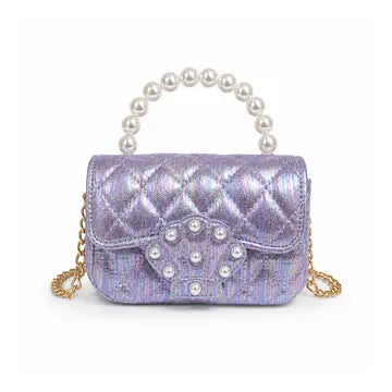 Pearl Handle Shell Quilted Kids Handbag - Purple