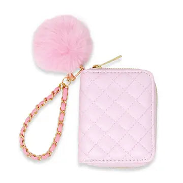 Quilted Chain Strap Wallet with Pom-Pom - Pink