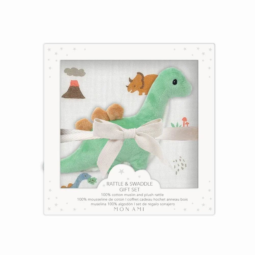 Mon Ami Swaddle & Rattle Gift Set - Jurassique