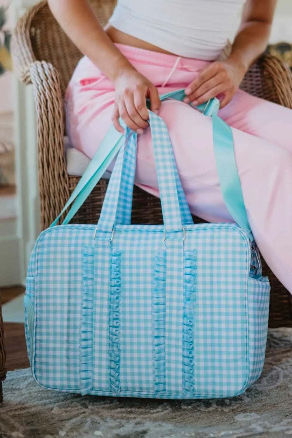 Mint Gingham Ruffle Overnight Bag