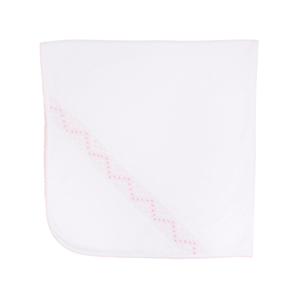 Sweetly Smocked Blessing Blanket Worth Avenue White with Palm Beach Pink